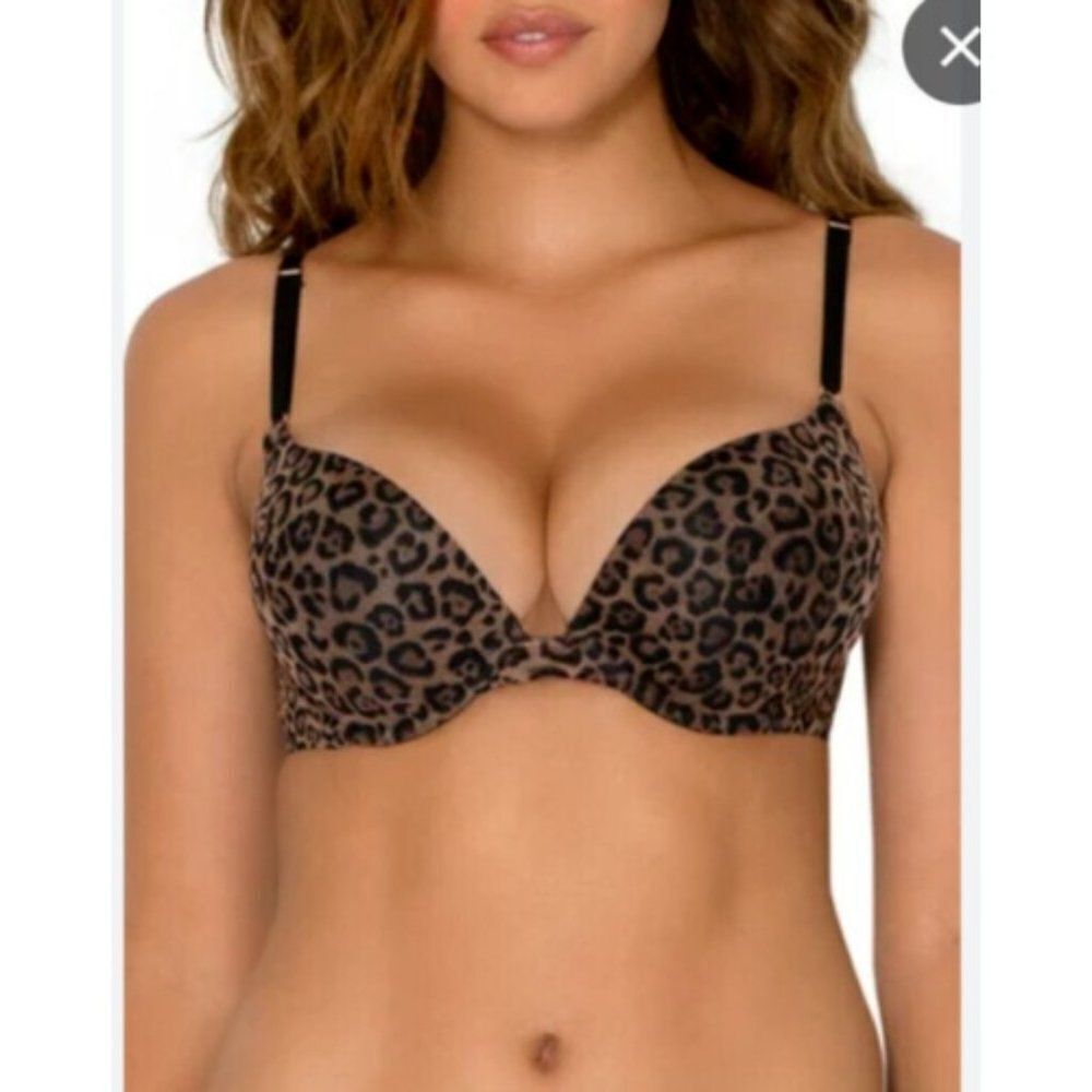 Secret Treasures Bra 38C Lifting Plunge Black Tan Leopard Animal Print